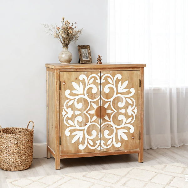 English Elm Rustic Wooden Accent Cabinet with Floral Carved Doors, Antique Brown White, Sturdy 2-Door Storage for Entryway, Dining Room, Living Room W2295P365012
