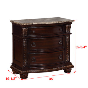 English Elm 1Pc Marble Top Nightstand With Curved Silhouette & 3 Drawers - Elegant Solid Wood Bedroom Storage B2741P366082