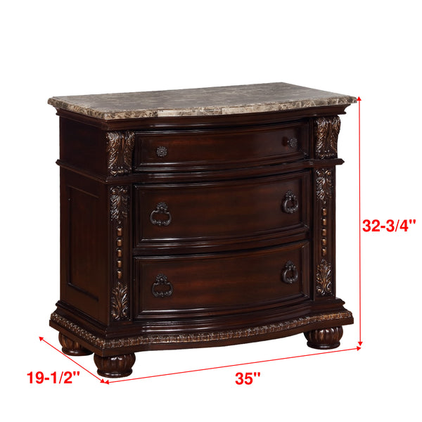 English Elm 1Pc Marble Top Nightstand With Curved Silhouette & 3 Drawers - Elegant Solid Wood Bedroom Storage B2741P366082