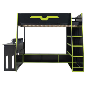 English Elm Full Size Wood Loft Bed with Rgb Lighting Desk and Multi-tier Shelves for Gaming Green LT000374AAG