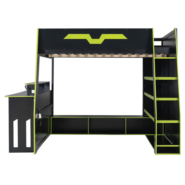 English Elm Full Size Wood Loft Bed with Rgb Lighting Desk and Multi-tier Shelves for Gaming Green LT000374AAG