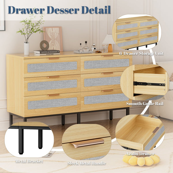 English Elm 6 Drawer Oak Dresser with Linen Fronts and Metal Legs for Modern Bedroom Storage T3773P422847