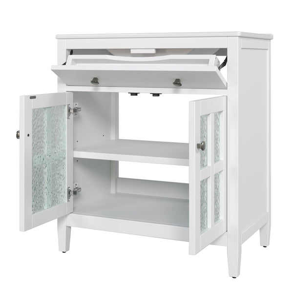 English Elm Christopher Knight Home® - 30" Bathroom Vanity with Ceramic Sink, Solid Wood Legs, Adjustable Shelf, Tip-Out Tray, Soft-Close Hinges, Silver Knobs, Moisture-Resistant Finish White N817P286250W