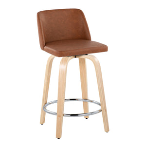 English Elm Fixed-height Swivel Counterstools Natural Wood Bentwood Legs Camel Faux Leather Set 2 B202S01767