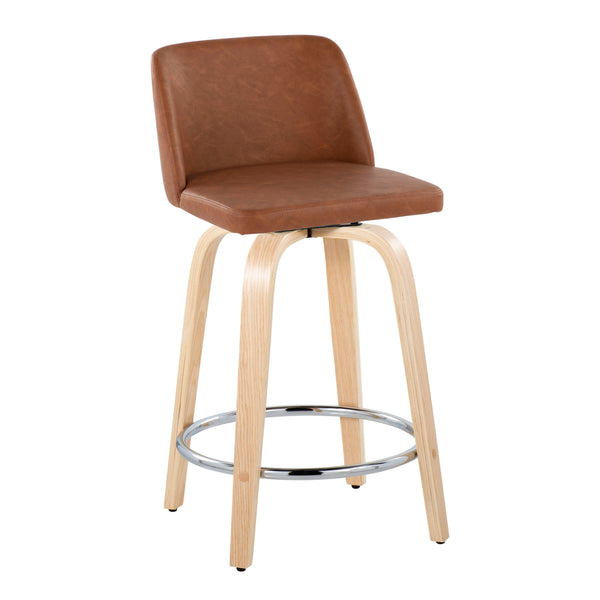 English Elm Fixed-height Swivel Counterstools Natural Wood Bentwood Legs Camel Faux Leather Set 2 B202S01767