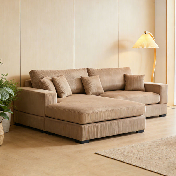 English Elm Mid Century Modern 3 Seater Sectional Sofa with Reversible Chaise and Accent Pillows Brown W876S00348