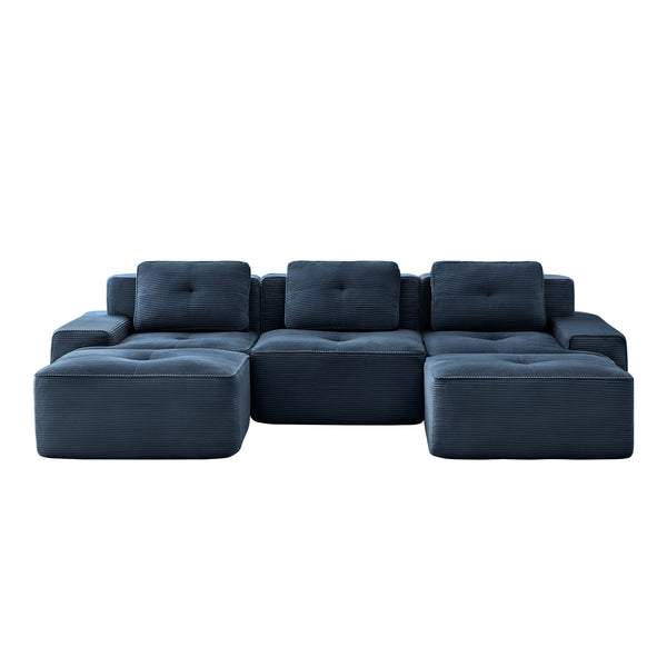 English Elm 117" Modern U-Shaped Modular Sofa In Plush Corduroy With Movable Ottoman & Tufted Design, Blue W714S01496
