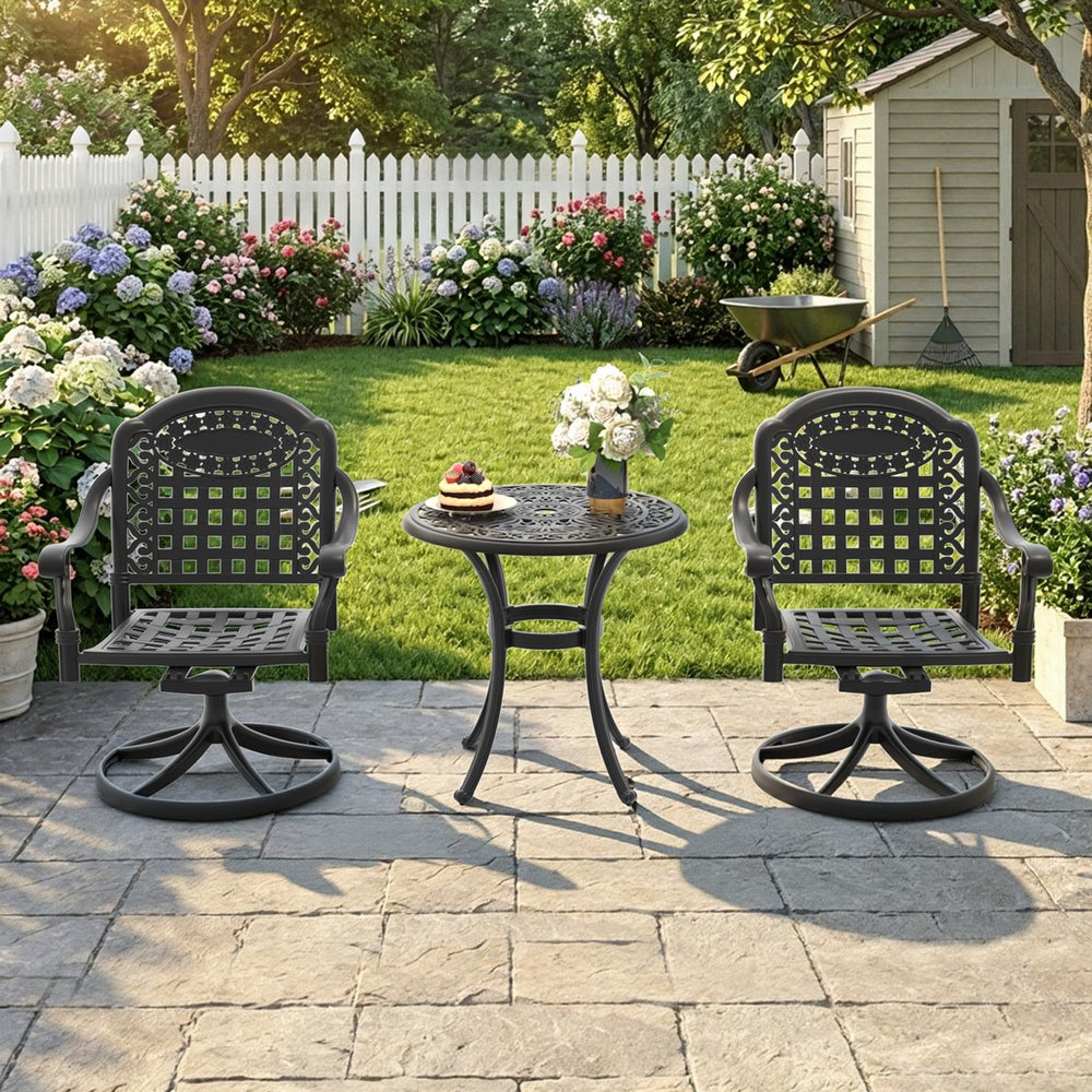 English Elm 3-piece Ornate Cast Aluminum Outdoor Bistro Set with Swivel Chairs and Round Patio Table W1710S00680