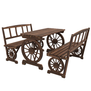 English Elm Outsunny Rustic Pine Outdoor Dining Set Seats 4 with Wagon Wheel Carved Benches W2225P174471
