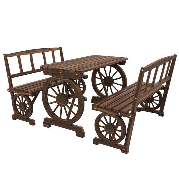 English Elm Outsunny Rustic Pine Outdoor Dining Set Seats 4 with Wagon Wheel Carved Benches W2225P174471