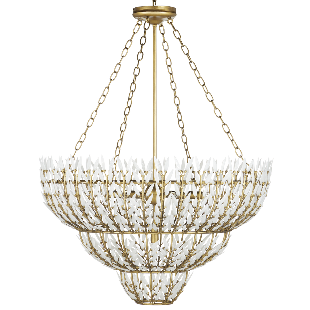 Magnum Opus Chandelier: Elegant Three-Tier Brass Fixture with Stunning White Glass Leaves Design