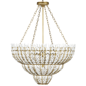 Magnum Opus Chandelier: Elegant Three-Tier Brass Fixture with Stunning White Glass Leaves Design
