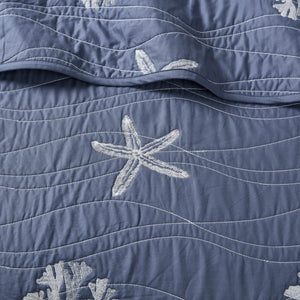 English Elm 4 Piece Cotton Reversible Embroidered Quilt Set with Coastal Starfish & Shell Motifs, OEKO-TEX Certified Quality Navy 20.87 L x 16.93 W x 5.71 H B03595792