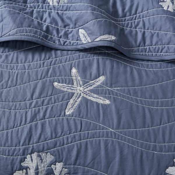 English Elm 4 Piece Cotton Reversible Embroidered Quilt Set with Coastal Starfish & Shell Motifs, OEKO-TEX Certified Quality Navy 20.87 L x 16.93 W x 5.71 H B03595792