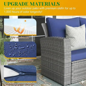 English Elm 4-piece Outdoor Wicker Conversation Set with Tempered Glass Table and Resort Style Blue+Brown B082S00057