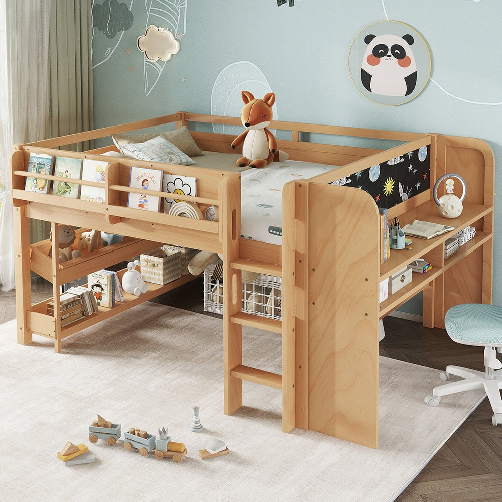 English Elm Twin Low Loft Bed Solid Pine Frame Kids Study Desk Blackboard Storage White W1580S00571
