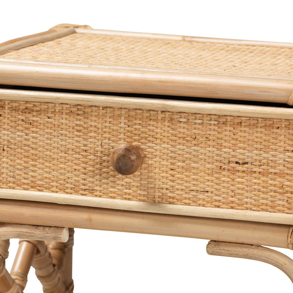 English Elm Modern Rattan Nightstand with Drawer and Open Shelf for Bohemian Bedroom Decor B2750P470042