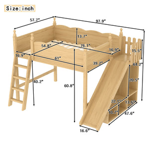 English Elm Full Loft Bed With Fun Slide, Storage Shelves, Solid Wood Design For Kids' Cozy Room Setup W1580S00247