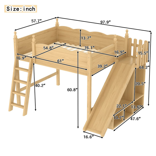 English Elm Full Loft Bed With Fun Slide, Storage Shelves, Solid Wood Design For Kids' Cozy Room Setup W1580S00247