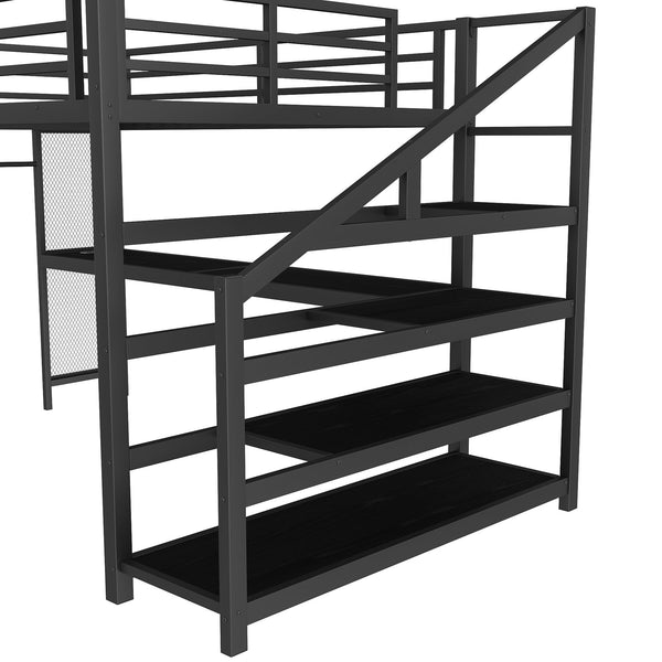 English Elm Twin Xl Metal Loft Bed with Stair Storage Shelves Sturdy Steel Frame for Dorms W1580S00434