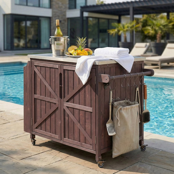 English Elm K&k Rolling Outdoor Kitchen Island Solid Fir Wood Stainless Steel Top Storage Cabinet Dark Brown N707P370287Z