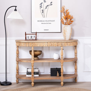 English Elm Handcrafted Oval Console Table Woven Corn Husk Trim Spindle Legs Three Tier Entryway W2729P298160