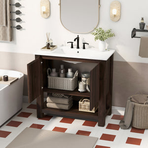 English Elm Christopher Knight Home® - 36" Modern Wall-Mounted Bathroom Vanity with Ceramic Sink, Soft-Close Doors, Fluted Accent & Open Shelves Antique brown N817P245321B