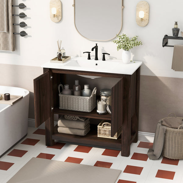 English Elm Christopher Knight Home® - 36" Modern Wall-Mounted Bathroom Vanity with Ceramic Sink, Soft-Close Doors, Fluted Accent & Open Shelves Antique brown N817P245321B