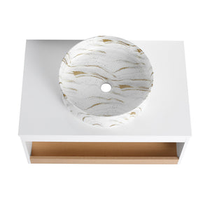 English Elm 30" Floating Wall Mount Bathroom Vanity Open Shelf Ceramic Vessel Sink Modern White Gold+White,White + Light Oak W3450S00058