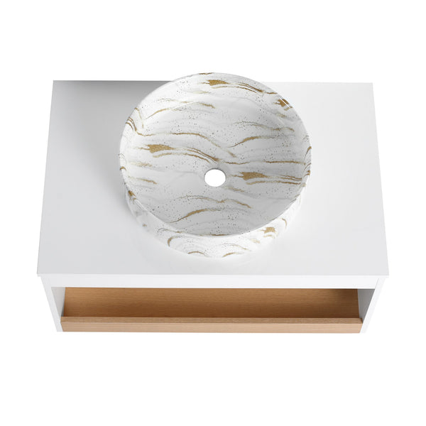 English Elm 30" Floating Wall Mount Bathroom Vanity Open Shelf Ceramic Vessel Sink Modern White Gold+White,White + Light Oak W3450S00058