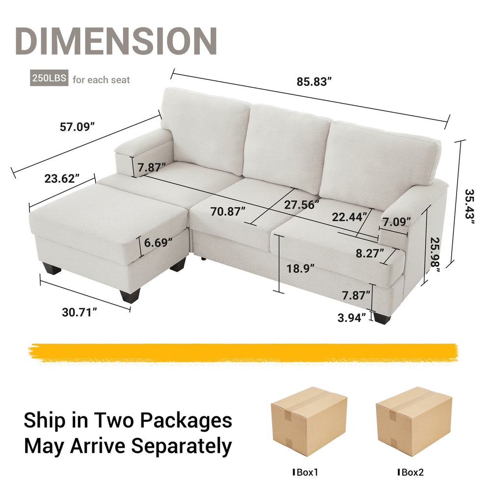 English Elm 86" Linen Sectional Sofa with Storage Ottoman Reversible Chaise for Small Spaces Beige W1669S00035