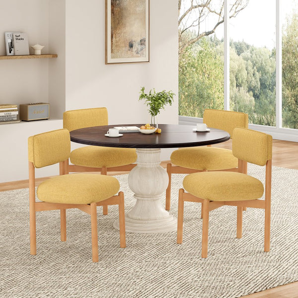 English Elm Modern Linen Upholstered Dining Chair Set Solid Wood Cross Base Removable Back Yellow T3623P466015