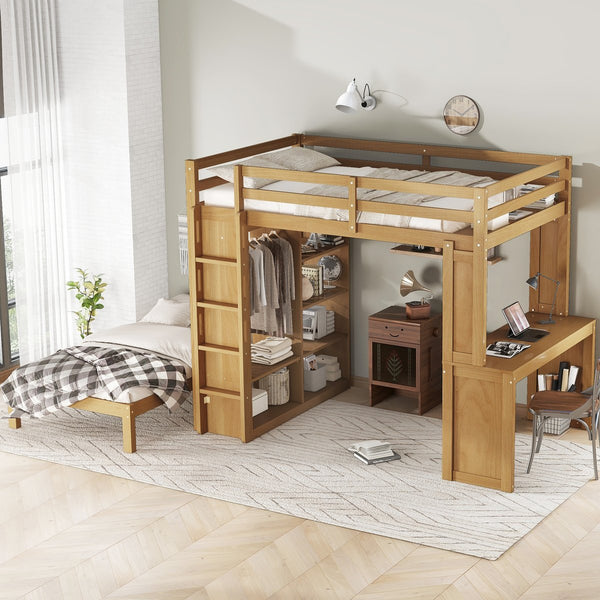 English Elm Full Solid Wood Loft Bed with Removable Lower Bed, Built-In Desk, Shelves & Wardrobe for Space-Saving Designs Natural W1580S00213