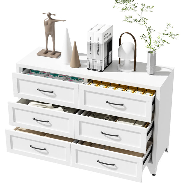 English Elm 6 Drawer White Steel Dresser Low Profile Powder Coated Frame for Bedroom or Hallway T2398P465981