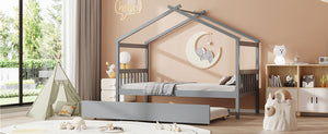 English Elm Twin House Bed Solid Pine Cottage Frame with Pull Out Trundle for Kids Bedroom Gray N708P309238E