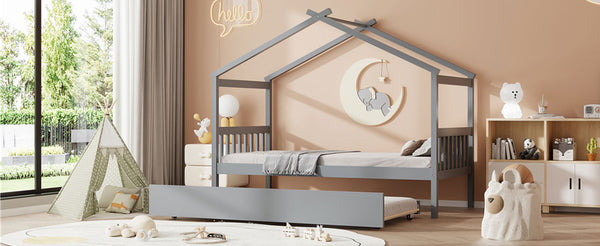 English Elm Twin House Bed Solid Pine Cottage Frame with Pull Out Trundle for Kids Bedroom Gray N708P309238E