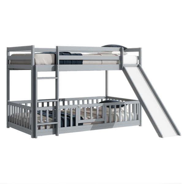 English Elm Twin Over Twin Floor Bunk Bed With Slide, Ladder, Safety Guardrails - Charming Grey Pine Wood Design W504S00189-GIGA