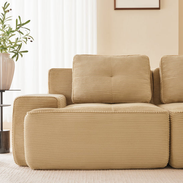 English Elm Modern Corduroy Sectional Sofa Deep Seat V Shape Tufted Couch with Movable Ottoman Camel W714S01588