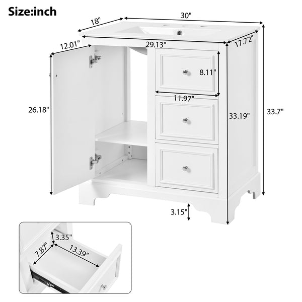 English Elm 30-Inch elegant bathroom vanity with ceramic basin, soft-close drawers, adjustable shelves, durable finish White N729P176237K