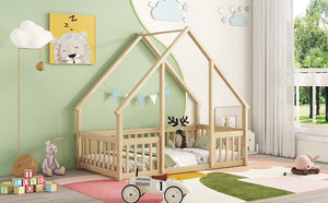 English Elm Twin Wood House-Shaped Floor Bed with Fence and Guardrails – Playful Pine Frame for Imaginative Kids Retreat Natural W504P143291