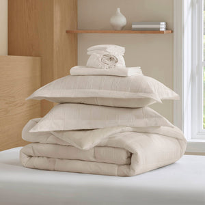 English Elm 7-piece King Woven Stripe Bedding Set Soft Polyester Comforter Shams Sheets Included Neutral B035P463208
