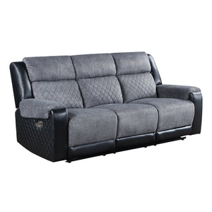 English Elm ALICIA Two-Tone Gray/Black Reclining Sofa and Loveseat Set — Glider Recliners, Faux Leather Glam Comfort B201S00149