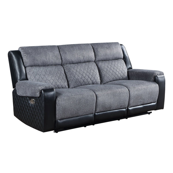 English Elm ALICIA Two-Tone Gray/Black Reclining Sofa and Loveseat Set — Glider Recliners, Faux Leather Glam Comfort B201S00149