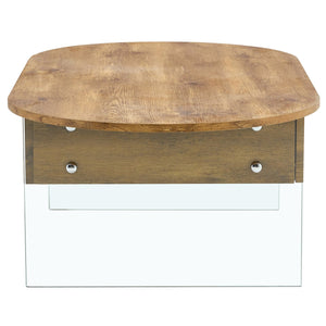 English Elm Cozy Natural Oval Coffee Table with Dual Drawers, Tempered Glass Legs, Wood Grain MDF Top, 43.3"x23.6" W1512P405601