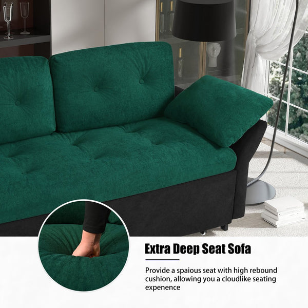 English Elm Convertible Pull Out Sofa Bed Queen Size with Steel Frame, Dual Armrests, Chenille Sleeper Couch with Storage and Casters Black+Green W3163P269679