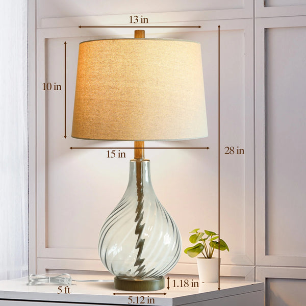 English Elm 28in Spiral Glass Column Table Lamp with Linen Shade for Bedroom or Office Decor W3355P443091