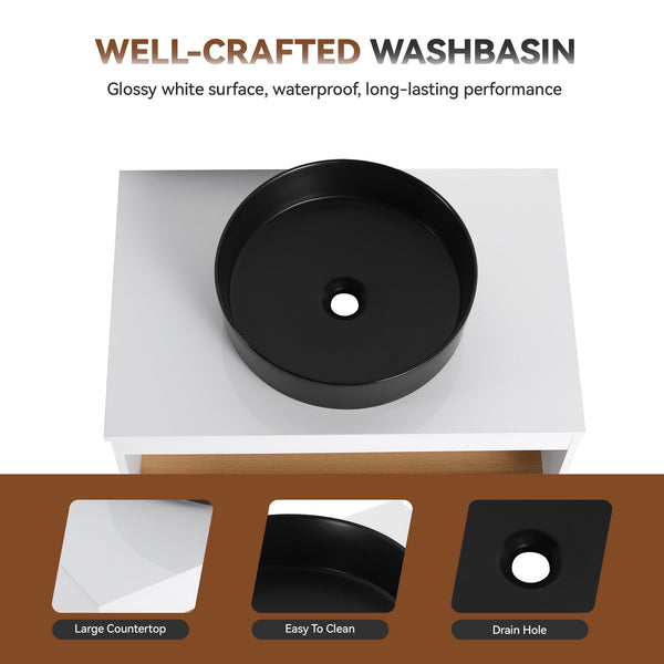 English Elm 30" Floating Wall Mount Bathroom Vanity Open Shelf Ceramic Vessel Sink Modern White Black,White + Light Oak W3450S00057