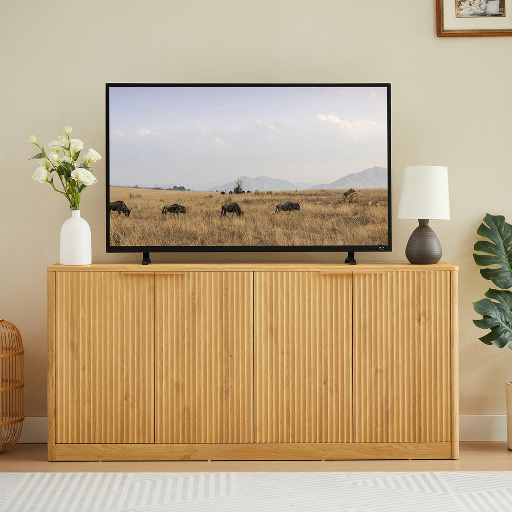 English Elm 59-inch Wavy Curved Sideboard with Four Doors Wood Grain Finish for Living or Dining Room Natural W1162P339086