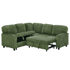 English Elm L-shaped Sectional Sleeper Sofa with Hidden Storage Usb Charging Corduroy Upholstery Olive Green W1998S00095