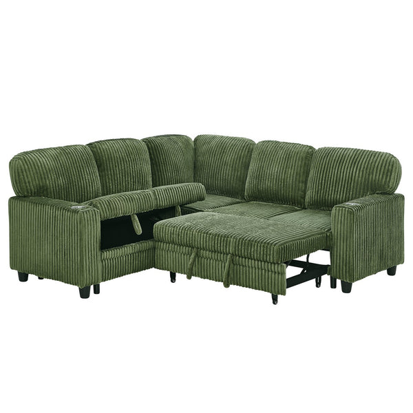 English Elm L-shaped Sectional Sleeper Sofa with Hidden Storage Usb Charging Corduroy Upholstery Olive Green W1998S00095